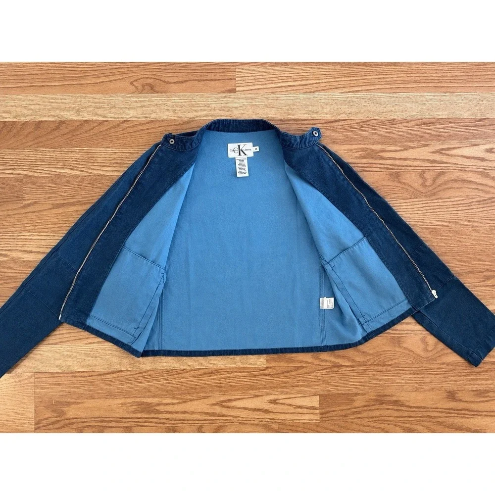 Vintage 90s Calvin Klein Jeans Jacket Mens M Blue Band Collar Full Zip Moto CK